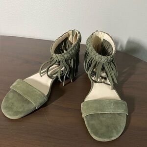 Nine West | olive green, suede sandals with fringe strap